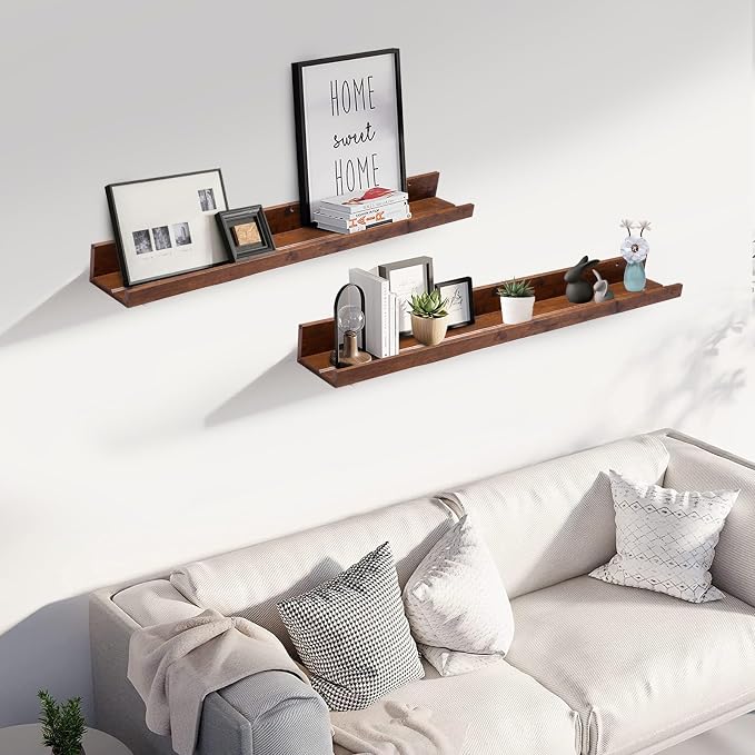 Muzilife 35.4" Large Floating Wall Ledge Shelves with Lip - Set of 2 Rustic Wood Floating Shelves - Honey Wall Mounted Picture Ledge for Office, Bathroom, Bedroom, Living Room, Kitchen