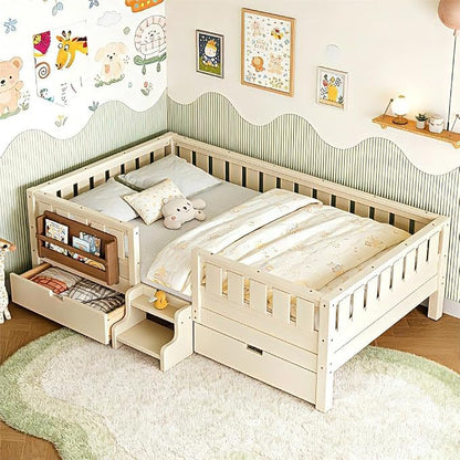 Bellemave Queen Bed with Storage Drawers & Bookshelf, Low Profile Kids Bed Frame with Staircase & Full Length Guardrails, Solid Wood Queen Bed for Kids with Slats Load 550LBS, Easy Assembly, Beige