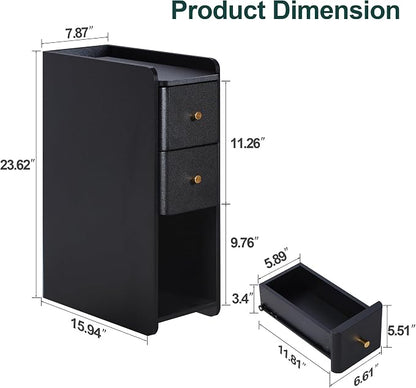 Narrow Nightstand Set of 2, Wooden Small 2 Drawer Nightstand, Slim Side End Table, Skinny Bedside Table, Mid Century Modern Night Stand with Drawers for Bedroom (Black-2 pcs)