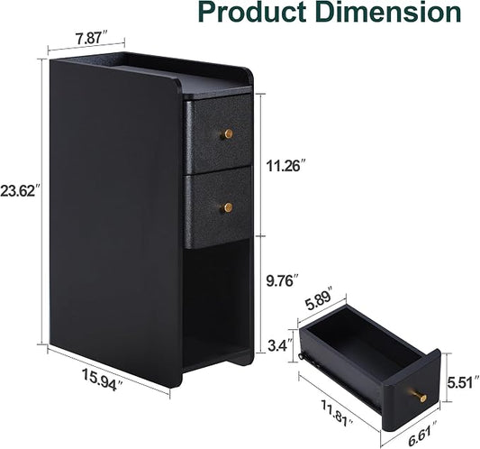 Narrow Nightstand Set of 2, Wooden Small 2 Drawer Nightstand, Slim Side End Table, Skinny Bedside Table, Mid Century Modern Night Stand with Drawers for Bedroom (Black-2 pcs)