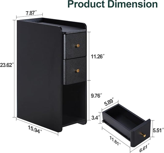 Narrow End Table Bedroom, Wooden Small 2 Drawer Nightstand, Thin Couch Side End Table, Skinny Bedside Table Small Spaces, Mid Century Modern Night Stand with Drawers (Black-1 pc)