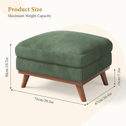 Vesgantti Large Ottoman for Modular Sofa, 29.5" Corduroy Pouf Ottoman with Spring Cushion, Rectangle Foot Rest for Couch, Entrance Footstool with Wood Legs, Footstool for Living Room, Bedroom, Green