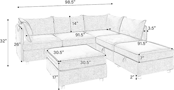 129-Inch U-Shaped 6 Seat Modular Sofa Deep Seat Storage Sectional Sofa Couch Free Combination with Movable Ottomans ,6 Seat Chenille Upholstered U-Shaped Convertible Sleeper Couch for Home Apartment | Space Saving