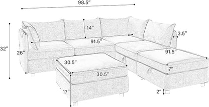 129-Inch U-Shaped 6 Seat Modular Sofa Deep Seat Storage Sectional Sofa Couch Free Combination with Movable Ottomans ,6 Seat Chenille Upholstered U-Shaped Convertible Sleeper Couch for Home Apartment | Space Saving