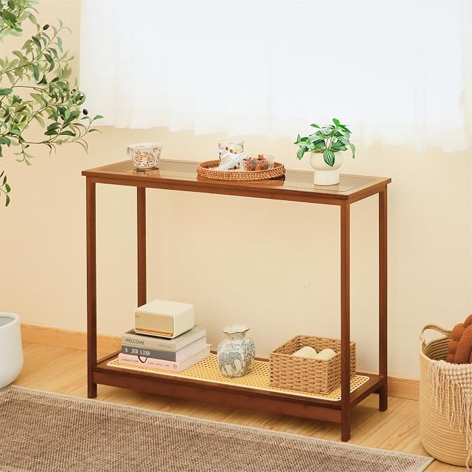 Bamboo Narrow Console Table, 39.4"(L) Wood Small Entryway Table with Rattan and Glass, Accent Slim Hallway Tables, Thin Sofa Side Tables for Hallway, Living Room, Bedroom, Foyer, Walnut