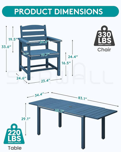SERWALL HDPE and Aluminum Outdoor Dining Set for 8, Blue | 60" - 83" Expandable Outdoor Dining Table and 8 HDPE Chairs, All Weather Outdoor Furniture Set