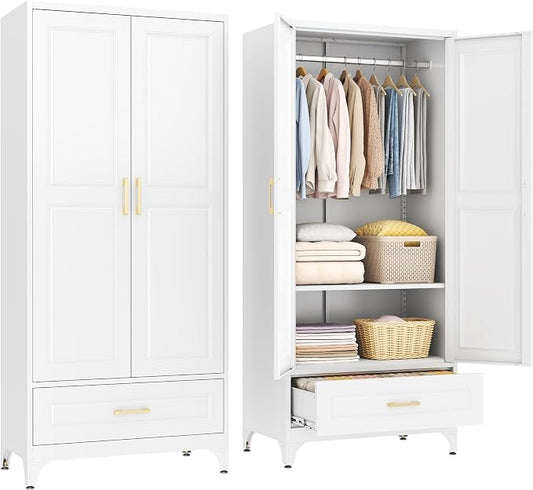 SteeLoong 71" Metal Armoire Wardrobe Closet with Drawer，Tall Clothing Storage Cabinet with Adjustable Shelves and Hanging Rod,White Wardrobe Closet for Bedroom,Home,Office,Gym