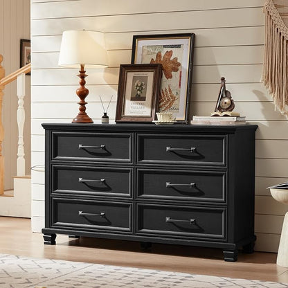 SAVOR LIFE Farmhouse Dresser and Nightstand Sets of 3 Piece, 6 Drawer Dresser and 2 Drawer Nightstand Set, Rustic Wood Bedroom Furniture Set for Home,Hallway,Black