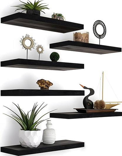 YYWUOJJ Wood Floating Shelves for Wall Decor, Rustic Wall Shelves for Bedroom Bathroom Kitchen Living Room, Set of 6 Black