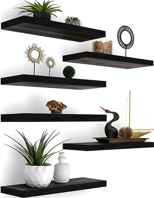 YYWUOJJ Wood Floating Shelves for Wall Decor, Rustic Wall Shelves for Bedroom Bathroom Kitchen Living Room, Set of 6 Black