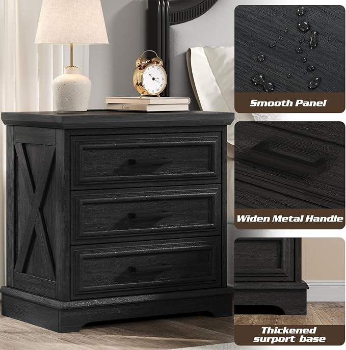 knoworld 24 Inch Wide Farmhouse Nightstands Set of 2 with Charging Station, Dark Gray Nightstand with 3 Large Drawers, Rustic Wood End Table for Bedroom