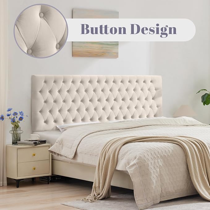 Upholstered Queen Headboard Only, Premium Velvet Button Tufted Headboards, Adjustable Solid Wood Head Board, Padded Headboard with Solid Wood Legs in Bedroom (Beige)