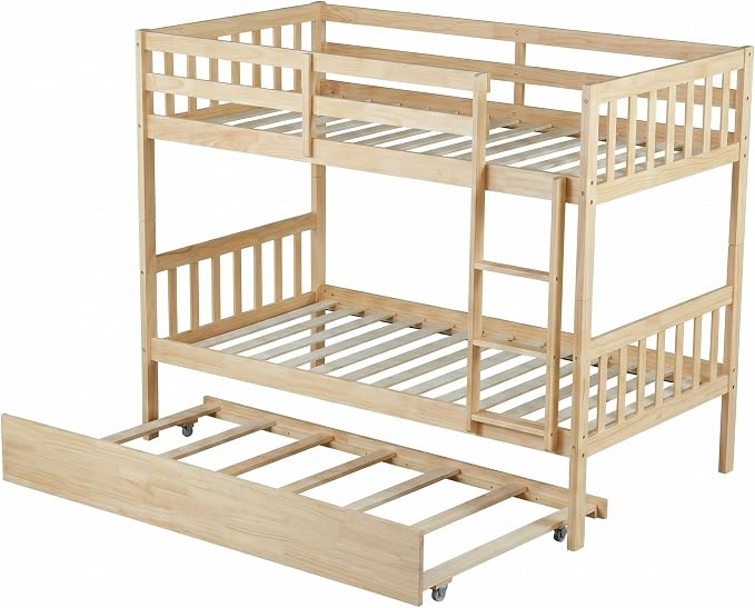 Harper & Bright Designs Convertible Wood Twin-Over-Twin Bunk Bed with Trundle and Ladder - Can Be Divided Into Two Platform Beds, White Oak