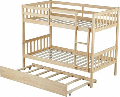 Harper & Bright Designs Convertible Wood Twin-Over-Twin Bunk Bed with Trundle and Ladder - Can Be Divided Into Two Platform Beds, White Oak