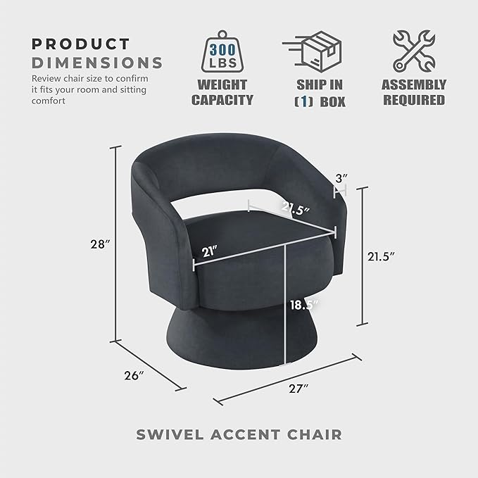 Lexicon 360 Degree Swivel Accent Chair, Modern Comfy Velvet Round Barrel Chair, Open Back, Plush Foam Cushions, Metal Swivel Base for Living Room/Bedroom/Office/Small Spaces, Dark Gray