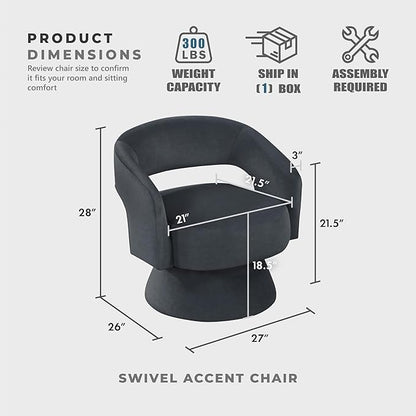 Lexicon 360 Degree Swivel Accent Chair, Modern Comfy Velvet Round Barrel Chair, Open Back, Plush Foam Cushions, Metal Swivel Base for Living Room/Bedroom/Office/Small Spaces, Dark Gray