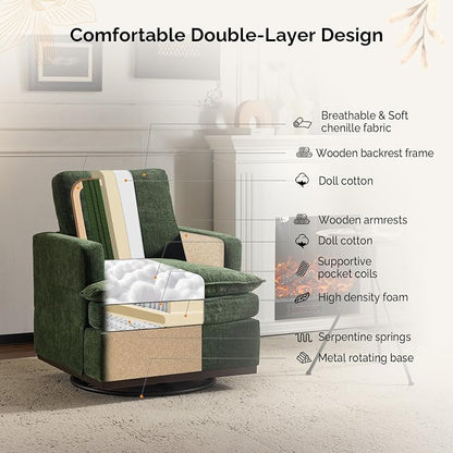VINGLI 360° Swivel Accent Chairs Set of 2 with Double-Layer Seat Cushions, Comfy Single Square Sofa Armchairs, Upholstered Club Chairs for Living Room,Bedroom, Reading Room, Chenille Green