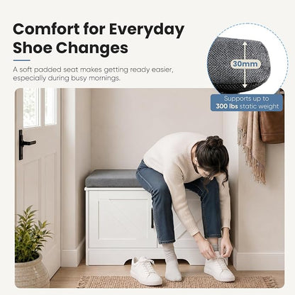 NEWBULIG Shoe Storage Bench for Entryway with Cushion, 27.6IN, White | Shoe Organizer Cabinet with Padded Cushion and Doors, Adjustable Shelves, Shoes Bench for Hallway, Mudroom, Bedroom