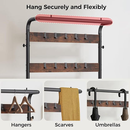 Hall Tree with Bench and Shoe Storage, 4-in-1 Entryway Organizer with 10 Hooks and Storage Shelf,Coat Rack Freestanding with 2-Tier Storage Shelf for Living Room, Bedroom Rustic