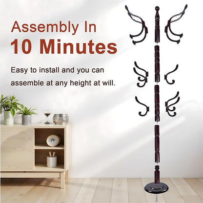 Coat Racks Freestanding, Natural Wood Coat Stands with 14 Hooks, 73" Heavy Duty Adjustable Height Vintage Hall Tree for Entryway, Bedroom, Office, Easy Assembly (Rosewood Ruyi hook)