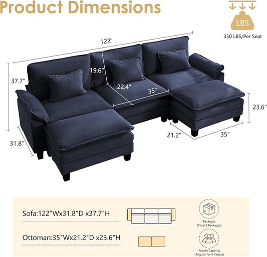 122" Corduroy Modular Sectional Sofa, Convertible U Shaped Modular Sofa Comfy Cloud Couch with Ottoman, Side Pockets and 3 Throw Pillows for Living Room, Blue, 5 Seats