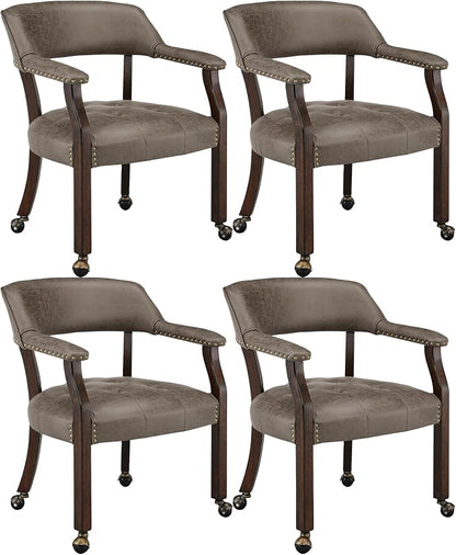 LEEMTORIG Set of 4 Dining Chairs with Casters and Arms, Rolling Dining Chairs with Wheels for Elderly, Ergonomic Wide Seat Wooden Office Chairs, 26"Dx25.2"W, Espresso Legs&Dark Brown Fabric SY-318-DK