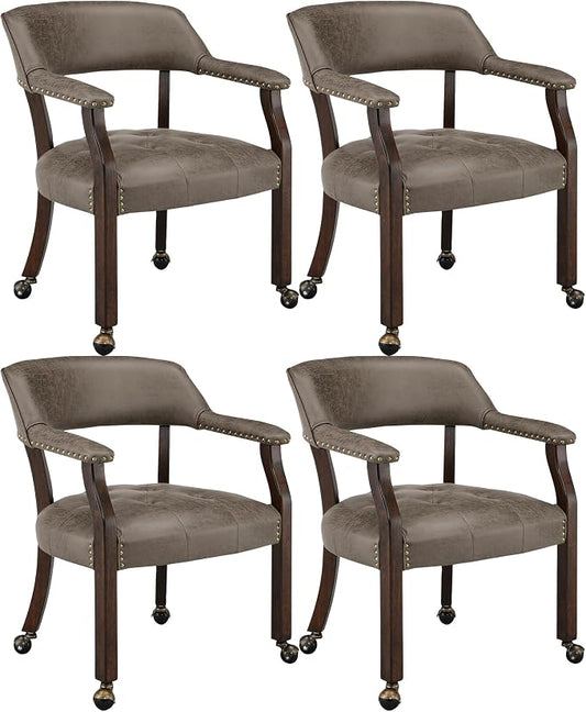 LEEMTORIG Set of 4 Dining Chairs with Casters and Arms, Rolling Dining Chairs with Wheels for Elderly, Ergonomic Wide Seat Wooden Office Chairs, 26"Dx25.2"W, Espresso Legs&Dark Brown Fabric SY-318-DK