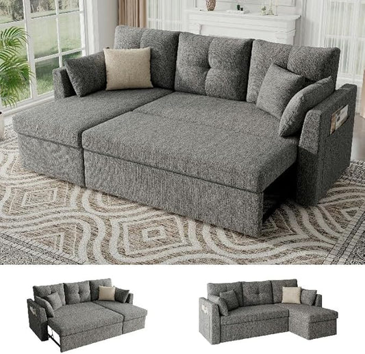 Huatean Home Sleeper Sofa Couch, 2 in 1 Sectional Sleeper Couch Bed with Side Pocket, Pullout Sofa Bed with Storage Chaise for Living Room, Dark Grey