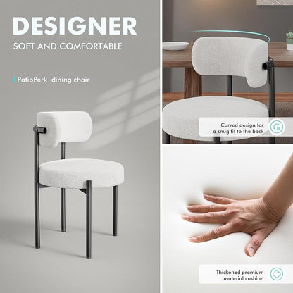 PatioPerk Boucle Dining Chairs Set of 2, White Mid Century Morden Chair with Curved Backrest, Round Upholstered Sherpa with Metal Legs, Suitable for Various Kitchen Styles