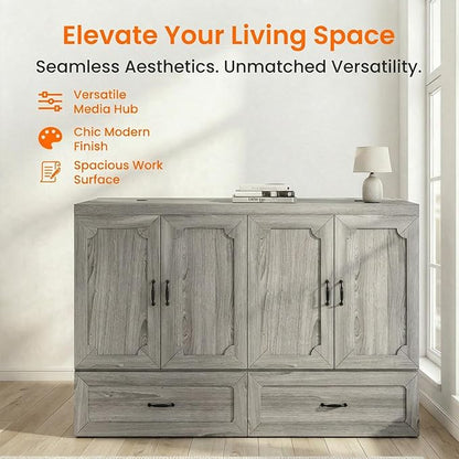 CECER Queen Murphy Bed with Mattress for Small Space/Guest-Grey | Large Storage Drawer ＆ Built-in Multi-Port Charging Station，Space Saving ＆ Easy Assemble and Conversion