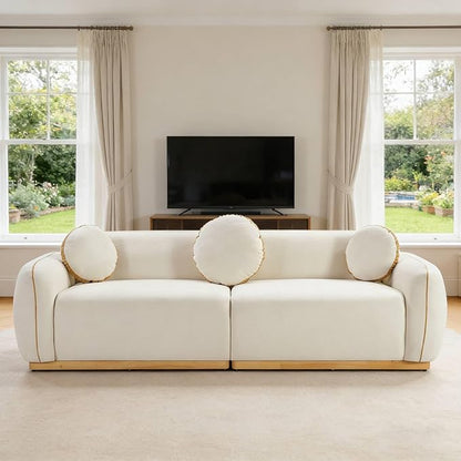 91'' Chenille Cloud Couch, 3 Seater Modern Luxury Sofa with 3 Round Pillows, Solid Wood Base, Easy Assembly, Plush Comfy Upholstered Couch for Living Room, Apartment (Cream White)