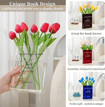 Puransen Clear Book Flower Vase - Floral Bookshelf Decor, Acrylic Flower Holder & Space-Saving Organizer, Modern Home Office/Study Desk Minimalist Aesthetic (Not Including Flowers)