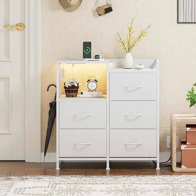Somdot White Nightstand with Charging Station and LED Light, Wide 5 Drawers Dresser for Bedroom with Fabric Bins and Open Shelf for Bedroom Kids Closet Dorm Guest Room, White Leather