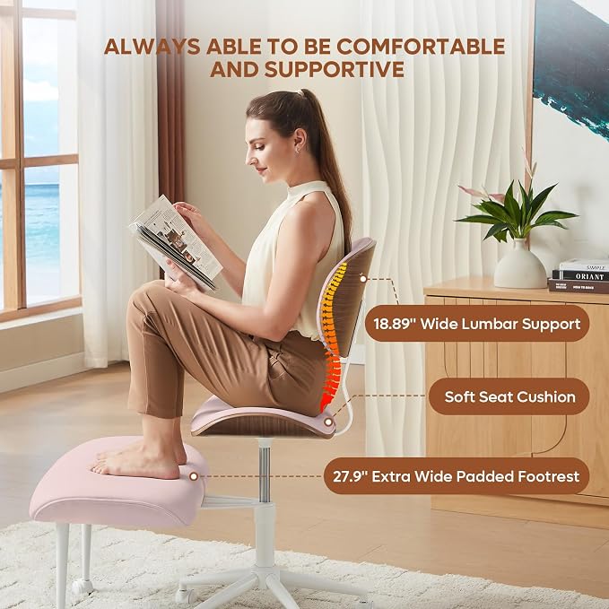 Bestier Ergonomic Cross Legged Office Chair for Women, Meditation Chair with Wider Back Support for Adults, 360° Swivel Office Chair with Wheels, Adjustable Height for ADHD Girl Pink PU Leather