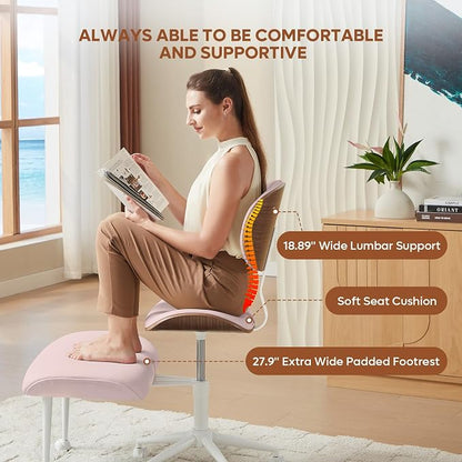 Bestier Ergonomic Cross Legged Office Chair for Women, Meditation Chair with Wider Back Support for Adults, 360° Swivel Office Chair with Wheels, Adjustable Height for ADHD Girl Pink PU Leather