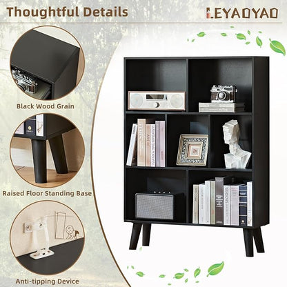 LEYAOYAO 7 Cube Black Bookshelf, 3 Tier Modern Bookcase with Legs, Wood Cubeicals Organizer Storage Open Shelves, Retro Display Book Shelf, Freestanding Short Book case for Bedroom,Living Room,Office