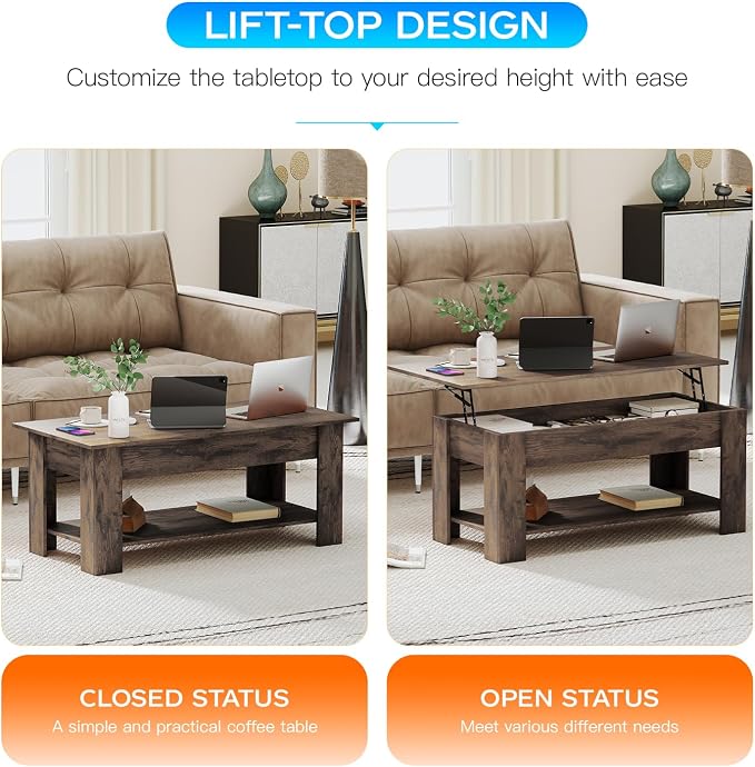 FDW 39.4" Lift Top Coffee Table with Hidden Compartment and Storage Shelf Wooden Lift Tabletop for Home Living Room Reception Room Office,Dark Brown