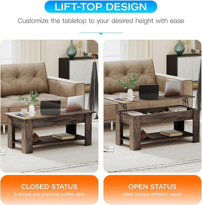 FDW 39.4" Lift Top Coffee Table with Hidden Compartment and Storage Shelf Wooden Lift Tabletop for Home Living Room Reception Room Office,Dark Brown