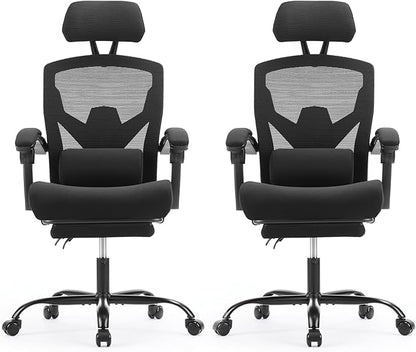 Sweetcrispy Office Computer Desk Chair Set of 2, Ergonomic High-Back Mesh Rolling Work Swivel Chairs with Wheels, Comfortable Lumbar Support, Comfy Arms for Home, Bedroom, Study, Student, Black