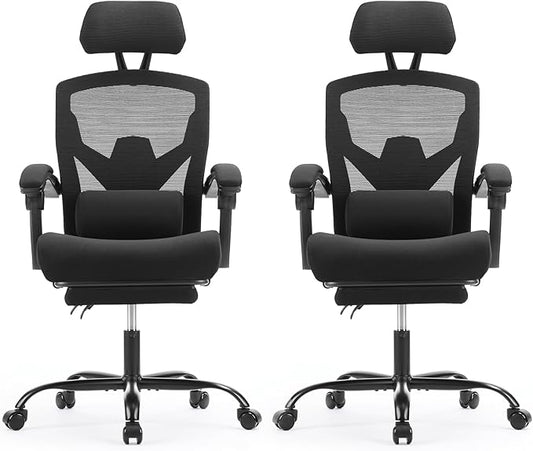 Sweetcrispy Office Computer Desk Chair Set of 2, Ergonomic High-Back Mesh Rolling Work Swivel Chairs with Wheels, Comfortable Lumbar Support, Comfy Arms for Home, Bedroom, Study, Student, Black
