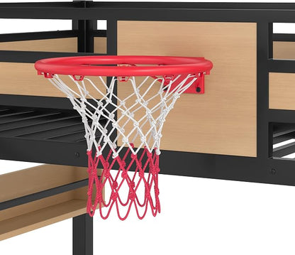 Bellemave Twin Size Bunk Bed with Basketball Hoop, Pull-up Rings and Climbing Wall, Twin Bunk Bed with Slide and Bookcase, Heavy Duty Bunk Beds with Guardrail, Natural