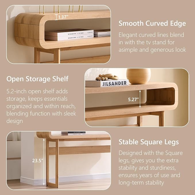 IFGET 63-Inch Long Console Table, 31.5" Tall Modern Entryway Table with Open Storage Shelf, Curved Profile Design, Narrow Wood Sofa Table Behind Couch Table for Living Room, Hallway,Foyer, Natural Oak