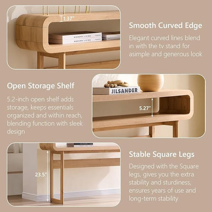 IFGET 63-Inch Long Console Table, 31.5" Tall Modern Entryway Table with Open Storage Shelf, Curved Profile Design, Narrow Wood Sofa Table Behind Couch Table for Living Room, Hallway,Foyer, Natural Oak