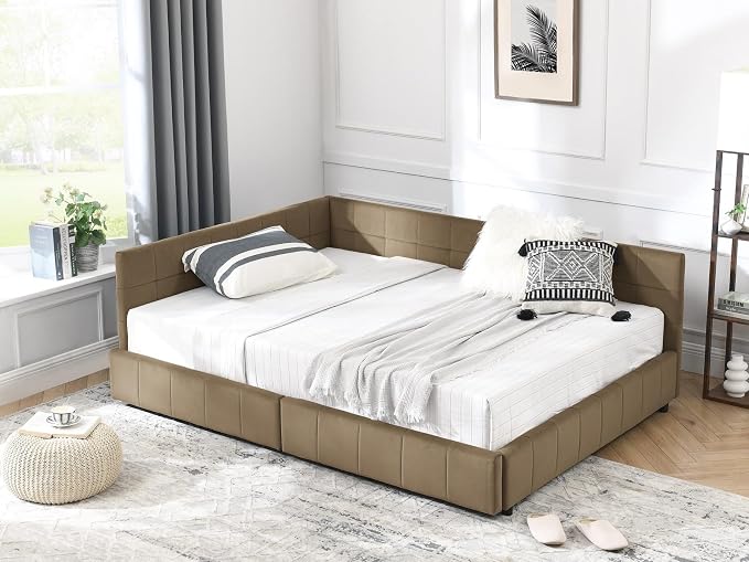 KEIKI Full Size L Shape Corner Bed Frames with 2 Storage Drawer, Backrest and Armrests, Velvet Upholstered Sofa Daybed for Small Room, Living Room, Bedroom, Guest Room, Kids' Room