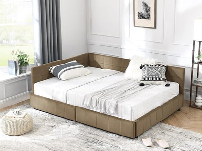 KEIKI Full Size L Shape Corner Bed Frames with 2 Storage Drawer, Backrest and Armrests, Velvet Upholstered Sofa Daybed for Small Room, Living Room, Bedroom, Guest Room, Kids' Room