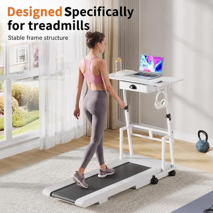 Honkazita Height Adjustable Standing Desk with Storage Drawer, Rolling Desk for Walking Pad, Small Sit-Stand Desk with Lockable Wheels, Height Range 31.5"-43.3", White, Stable Design
