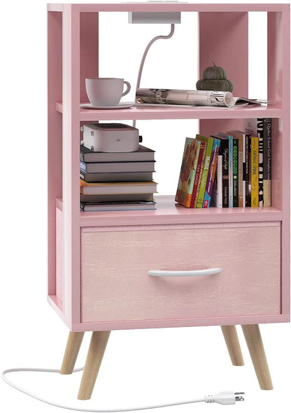 Aenuert Night Stand with Charging Station, Pink Nightstand with Drawer, 3-Tier Wooden Bedside Table with USB Ports and Outlets, End Table for Small Space, Living Room, Bedroom