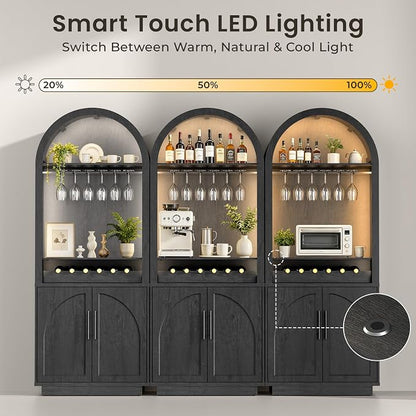 Fatmok 79" Arched Pantry Cabinet with LED Lights and Charging Station, 2-Piece Coffee Bar Cabinet with Wine Rack, Glass Holder and Adjustable Shelves for Kitchen Dining Room Living Room,Black Grey