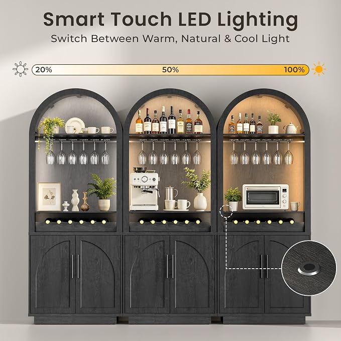 Fatmok Arden Collection 3-Piece Home Furnishing Set, 1 Arched Wine Cabinets with LED Lighting, Charging Station & Wine Rack, Two Three-Drawer Accent Cabinets, Black Grey