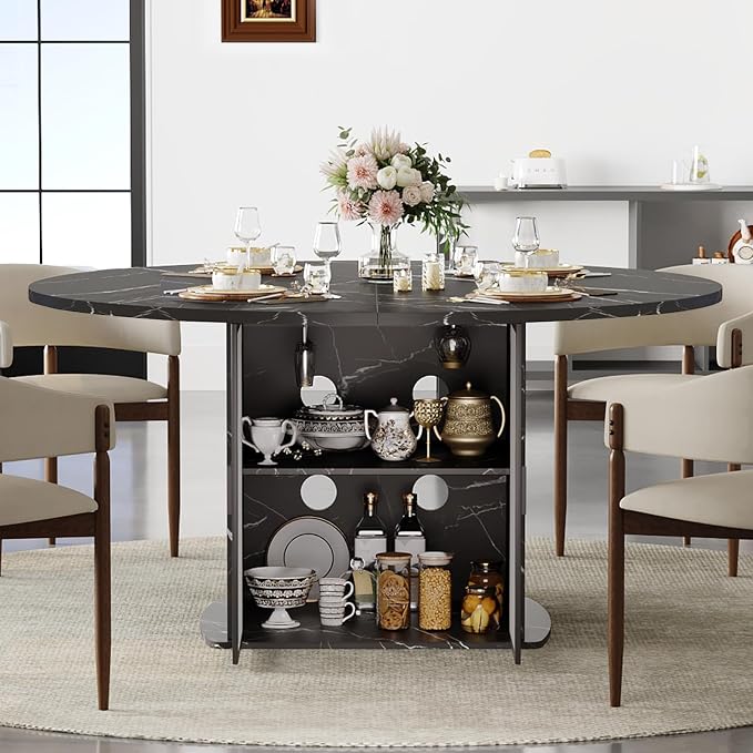 IBF Round Dining Table with Storage, Black Faux Marble Kitchen Tables for 4-6 People, 47" Modern Dining Room Tables with Fridge Space, Wood Circle Dinner Table for Home, Black Marble, Only Table